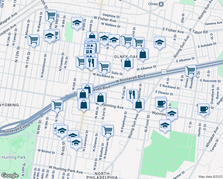 map of restaurants, bars, coffee shops, grocery stores, and more near 253 West Loudon Street in Philadelphia