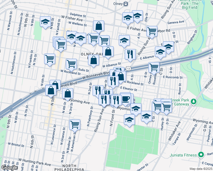 map of restaurants, bars, coffee shops, grocery stores, and more near 4827 North Mascher Street in Philadelphia