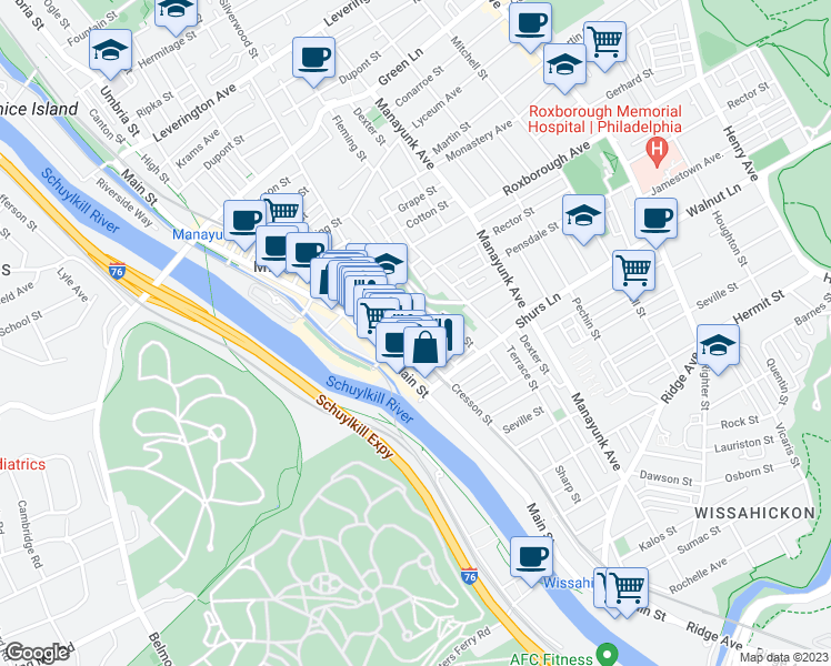 map of restaurants, bars, coffee shops, grocery stores, and more near 4154 Apple Street in Philadelphia