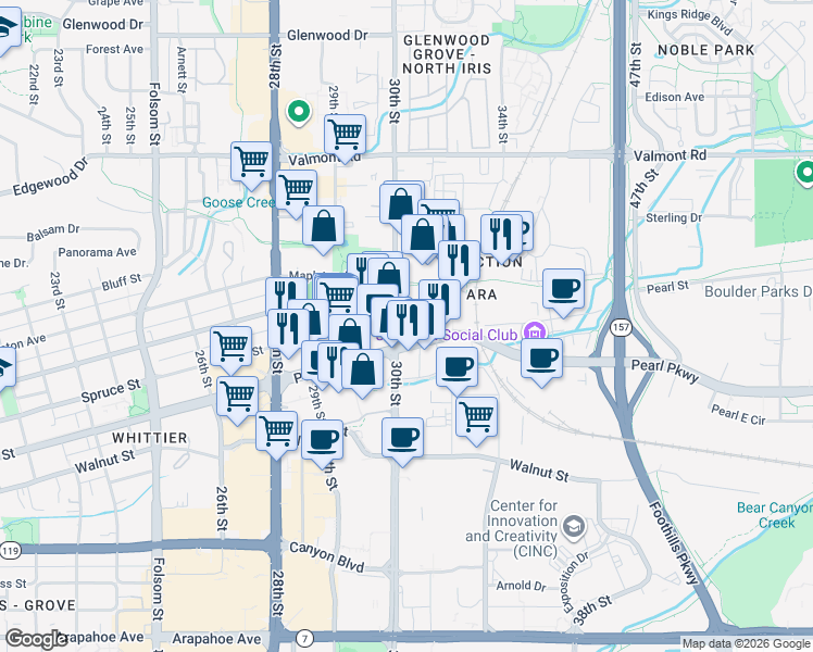 map of restaurants, bars, coffee shops, grocery stores, and more near 2291 31st Street in Boulder