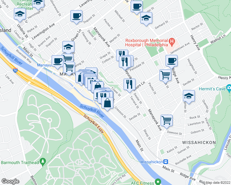 map of restaurants, bars, coffee shops, grocery stores, and more near 158 Wendover Street in Philadelphia