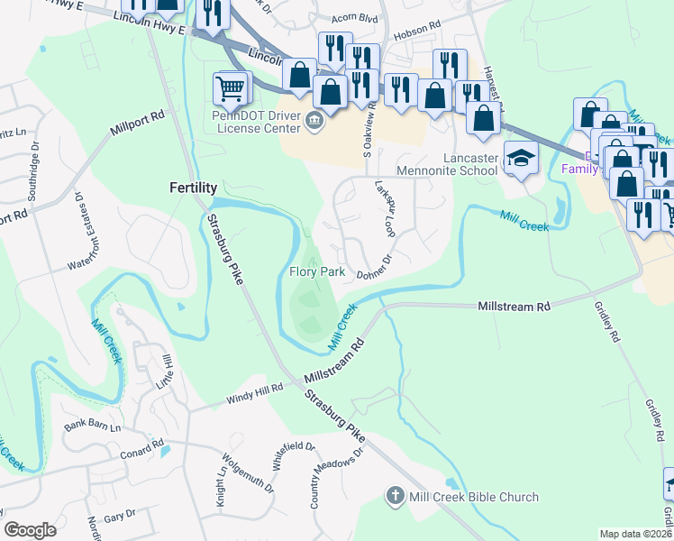 map of restaurants, bars, coffee shops, grocery stores, and more near 414 Dohner Drive in Lancaster