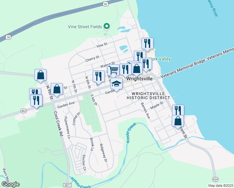 map of restaurants, bars, coffee shops, grocery stores, and more near 320 Chestnut Street in Wrightsville
