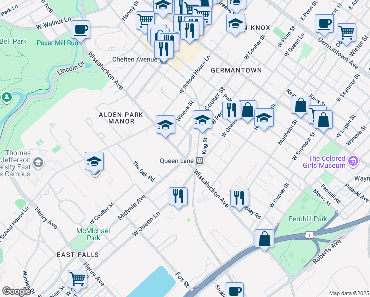map of restaurants, bars, coffee shops, grocery stores, and more near 5351 Wissahickon Avenue in Philadelphia