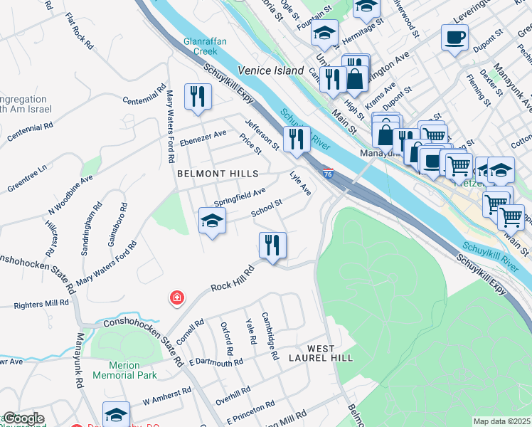 map of restaurants, bars, coffee shops, grocery stores, and more near 160 School Street in Bala Cynwyd