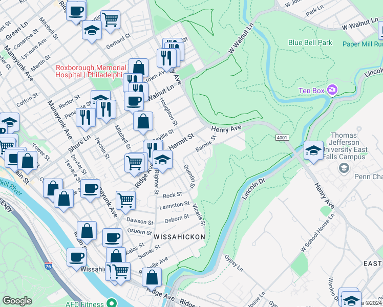 map of restaurants, bars, coffee shops, grocery stores, and more near Barnes St & Houghton Pl in Philadelphia