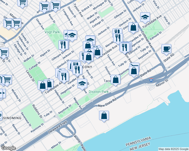 map of restaurants, bars, coffee shops, grocery stores, and more near 6812 Edmund Street in Philadelphia