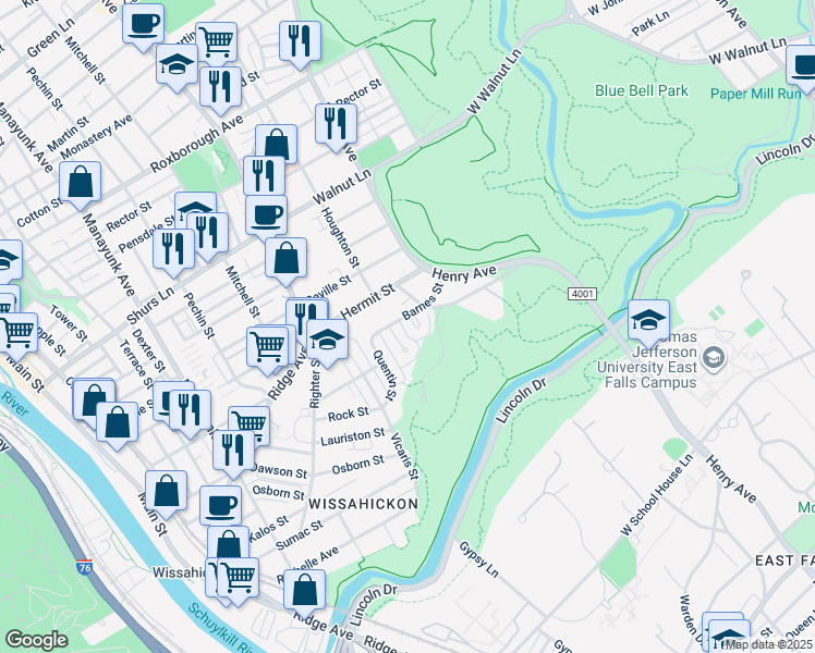 map of restaurants, bars, coffee shops, grocery stores, and more near 5442 Hermit Terrace in Philadelphia