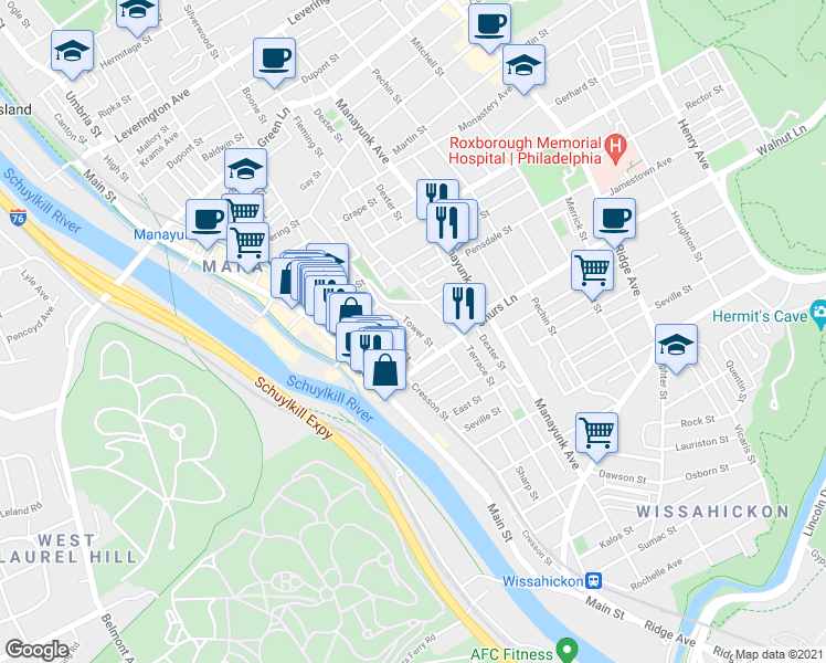 map of restaurants, bars, coffee shops, grocery stores, and more near 158 Wendover Street in Philadelphia