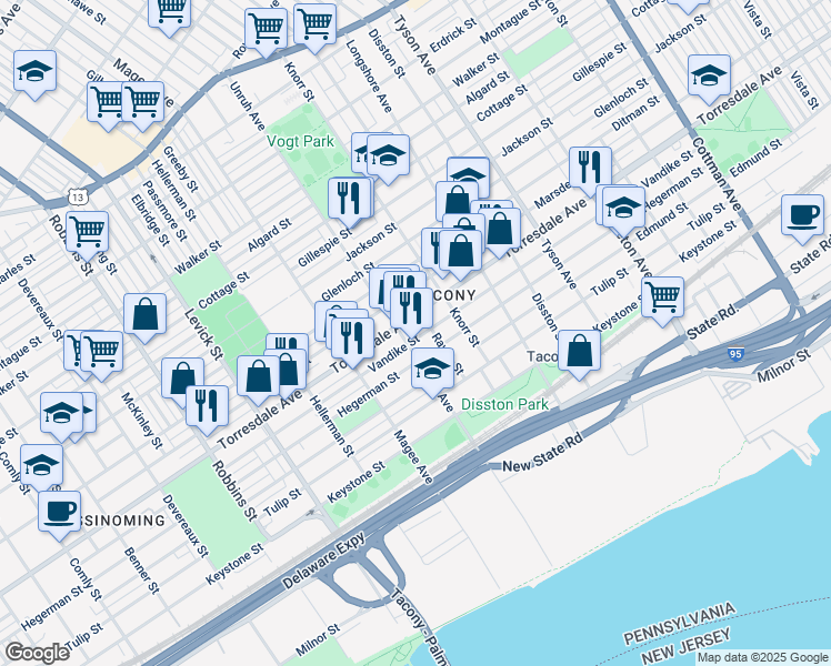 map of restaurants, bars, coffee shops, grocery stores, and more near 6714 Vandike Street in Philadelphia