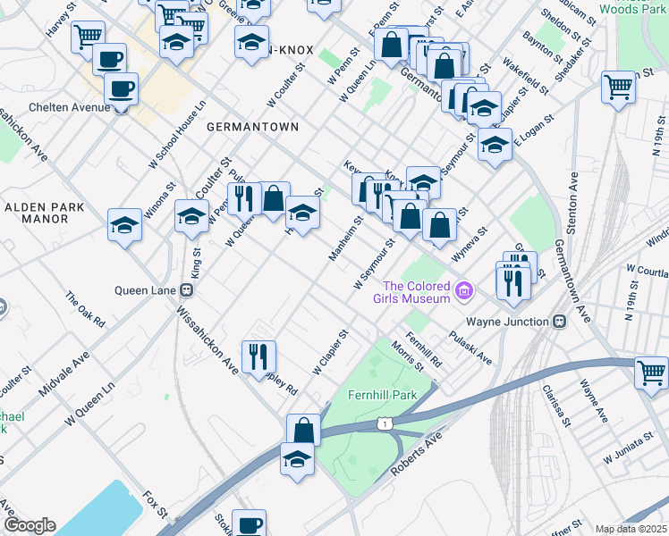 map of restaurants, bars, coffee shops, grocery stores, and more near 318 Manheim Street in Philadelphia