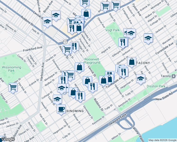 map of restaurants, bars, coffee shops, grocery stores, and more near 6358 Gillespie Street in Philadelphia