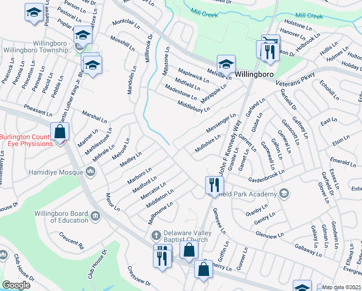 map of restaurants, bars, coffee shops, grocery stores, and more near 19 Messenger Lane in Willingboro