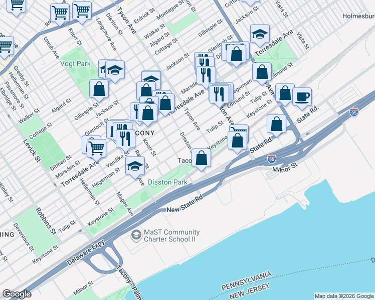 map of restaurants, bars, coffee shops, grocery stores, and more near 6930 Tulip Street in Philadelphia