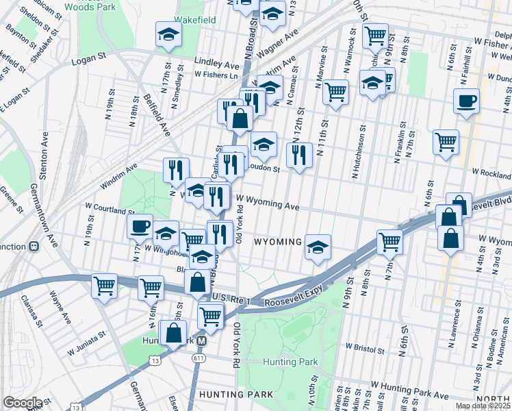 map of restaurants, bars, coffee shops, grocery stores, and more near 1302 West Wyoming Avenue in Philadelphia