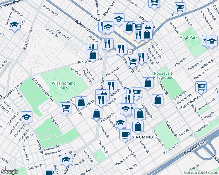 map of restaurants, bars, coffee shops, grocery stores, and more near 6135 Tackawanna Street in Philadelphia
