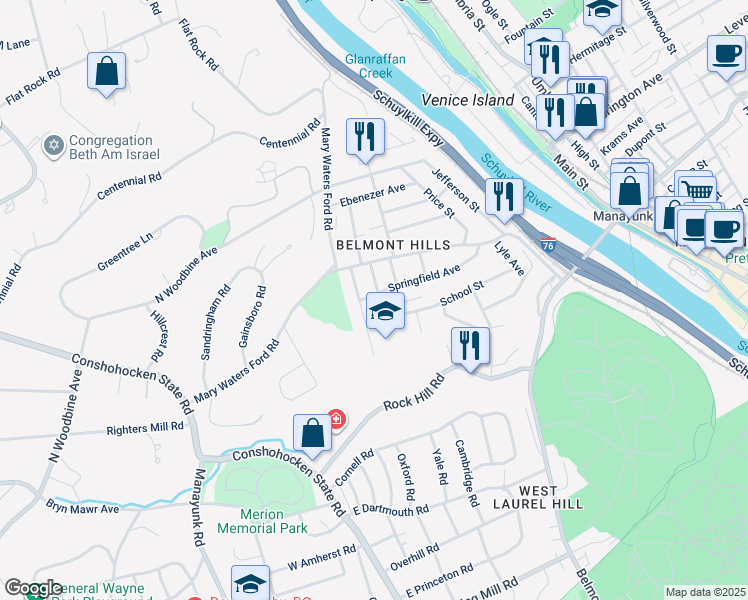 map of restaurants, bars, coffee shops, grocery stores, and more near 30 South Washington Avenue in Bala Cynwyd