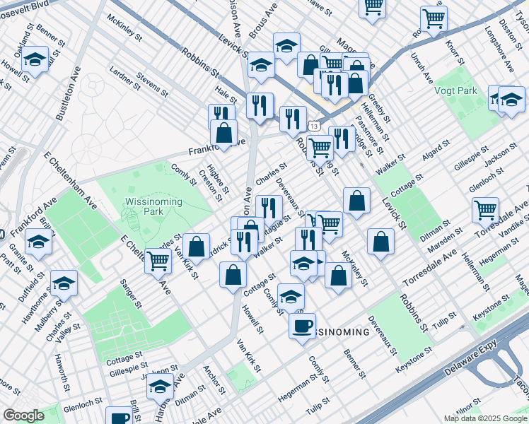 map of restaurants, bars, coffee shops, grocery stores, and more near 6112 Erdrick Street in Philadelphia