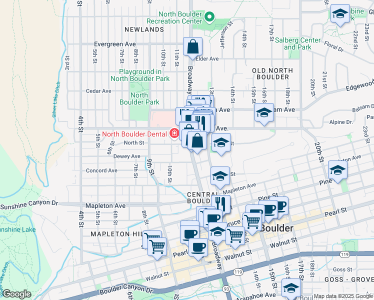 map of restaurants, bars, coffee shops, grocery stores, and more near 5757 North Street in Boulder