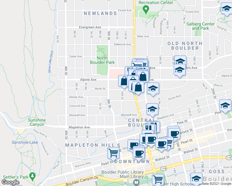 map of restaurants, bars, coffee shops, grocery stores, and more near 940 North Street in Boulder