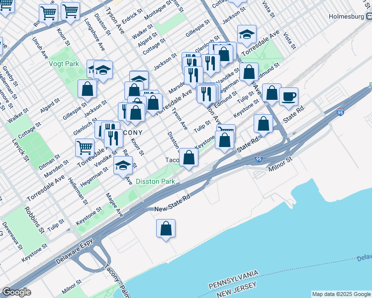 map of restaurants, bars, coffee shops, grocery stores, and more near 6960 Keystone Street in Philadelphia
