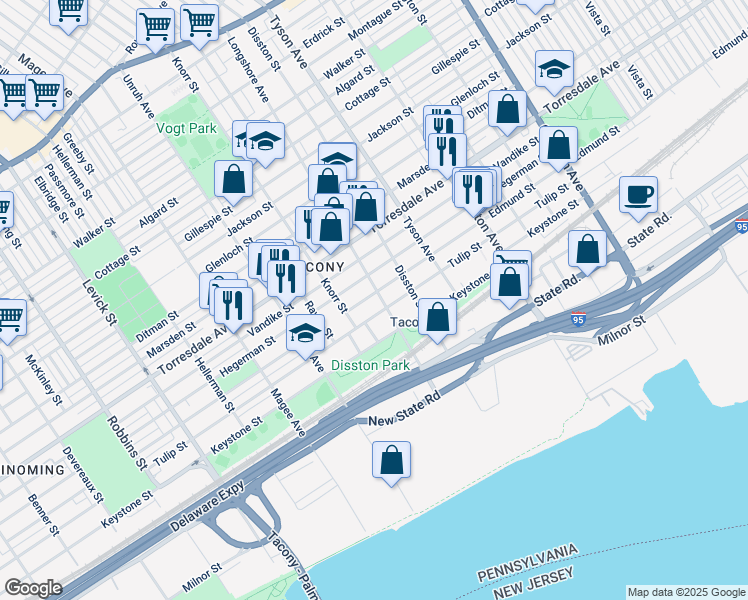 map of restaurants, bars, coffee shops, grocery stores, and more near 4815 Longshore Avenue in Philadelphia