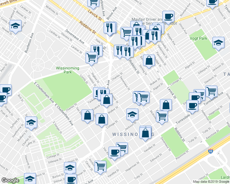 map of restaurants, bars, coffee shops, grocery stores, and more near 6135 Tackawanna Street in Philadelphia