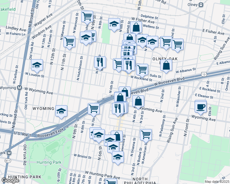 map of restaurants, bars, coffee shops, grocery stores, and more near 556 West Loudon Street in Philadelphia