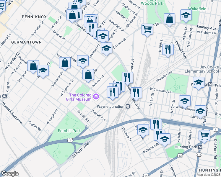 map of restaurants, bars, coffee shops, grocery stores, and more near 110 West Sylvania Street in Philadelphia