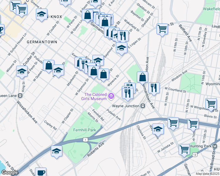 map of restaurants, bars, coffee shops, grocery stores, and more near 177 Wyneva Street in Philadelphia