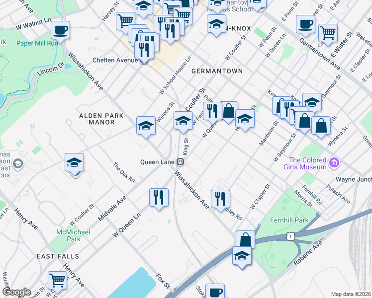 map of restaurants, bars, coffee shops, grocery stores, and more near 5317R Laurens Street in Philadelphia
