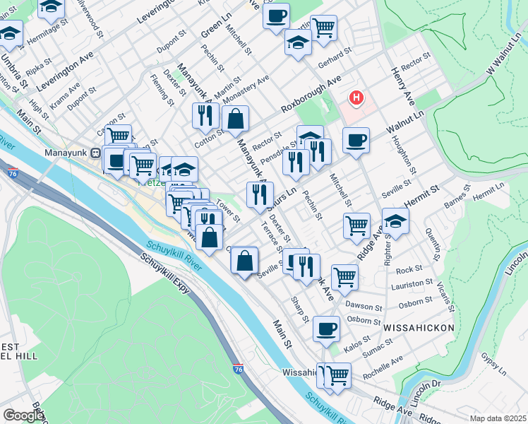 map of restaurants, bars, coffee shops, grocery stores, and more near 210 Shurs Lane in Philadelphia