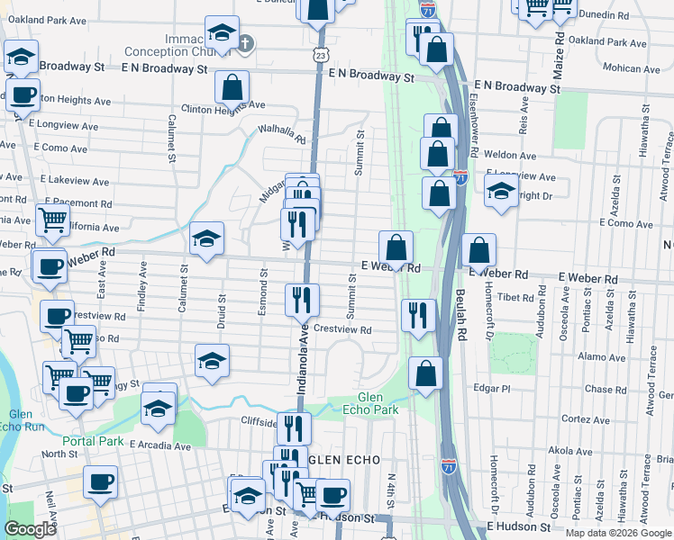 map of restaurants, bars, coffee shops, grocery stores, and more near 516 East Weber Road in Columbus