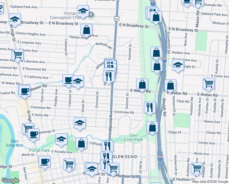 map of restaurants, bars, coffee shops, grocery stores, and more near 476 East Weber Road in Columbus