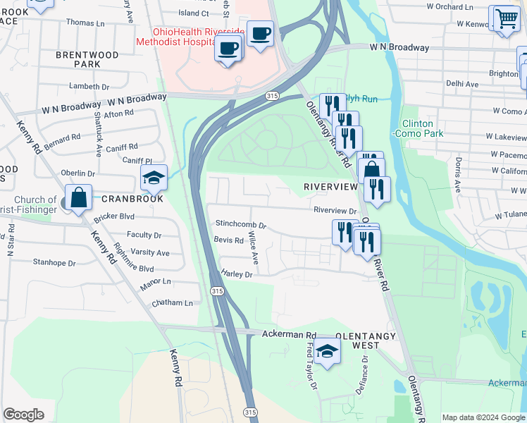 map of restaurants, bars, coffee shops, grocery stores, and more near 704 Riverview Drive in Columbus