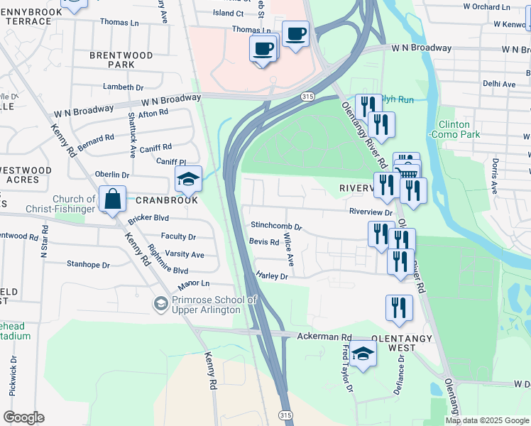 map of restaurants, bars, coffee shops, grocery stores, and more near 770 Riverview Drive in Columbus