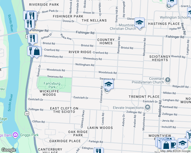 map of restaurants, bars, coffee shops, grocery stores, and more near 2471 Woodstock Road in Columbus