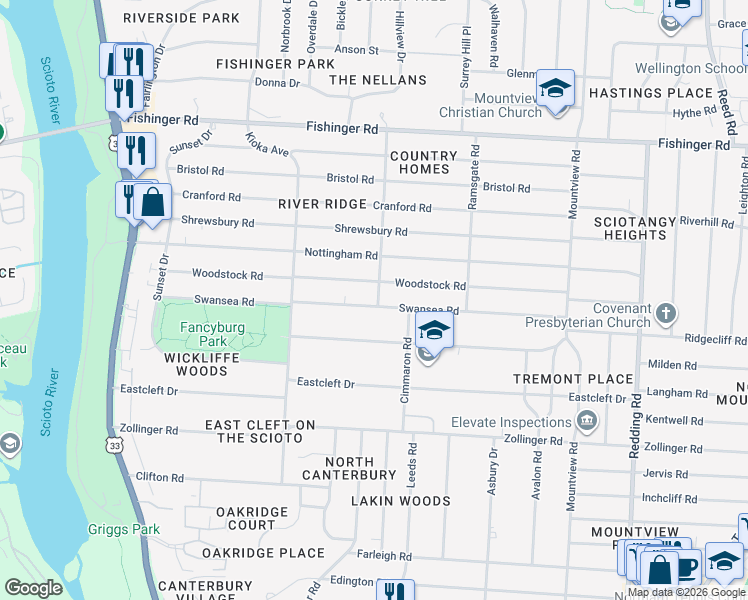 map of restaurants, bars, coffee shops, grocery stores, and more near 2471 Woodstock Road in Columbus