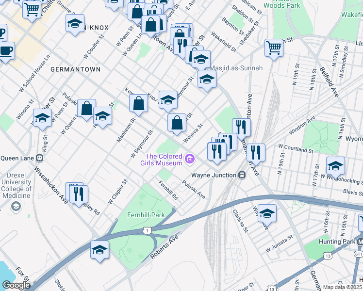 map of restaurants, bars, coffee shops, grocery stores, and more near Wayne Ave & W Wyneva St in Philadelphia