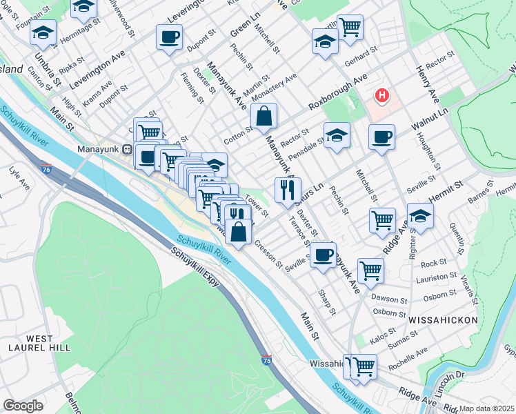 map of restaurants, bars, coffee shops, grocery stores, and more near 4159 Tower Street in Philadelphia