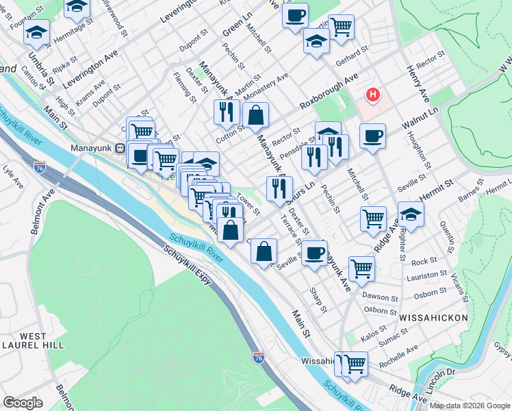 map of restaurants, bars, coffee shops, grocery stores, and more near 4123 Terrace Street in Philadelphia