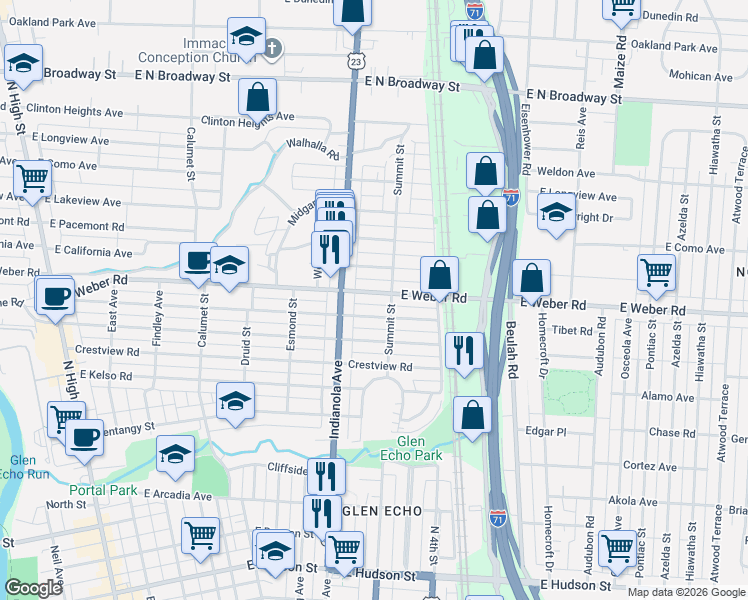 map of restaurants, bars, coffee shops, grocery stores, and more near 516 East Weber Road in Columbus