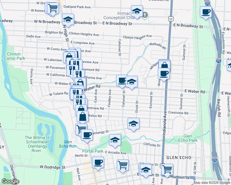 map of restaurants, bars, coffee shops, grocery stores, and more near 191 East Weber Road in Columbus