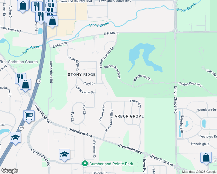 map of restaurants, bars, coffee shops, grocery stores, and more near 16200 Grand Cypress Drive in Noblesville