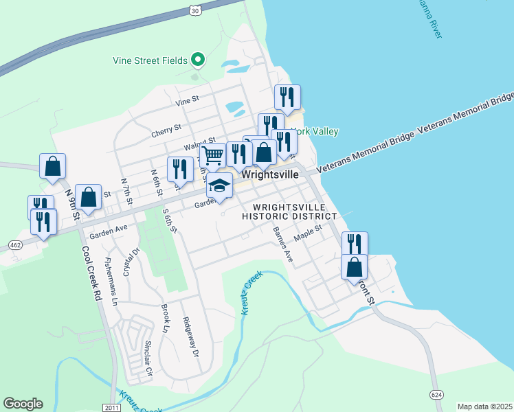 map of restaurants, bars, coffee shops, grocery stores, and more near 233 Chestnut Street in Wrightsville