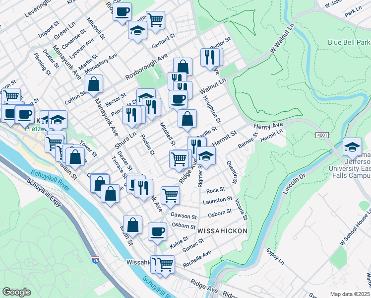 map of restaurants, bars, coffee shops, grocery stores, and more near 463 Seville Street in Philadelphia