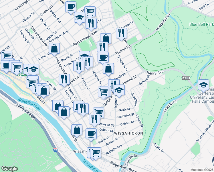 map of restaurants, bars, coffee shops, grocery stores, and more near 463 Seville Street in Philadelphia