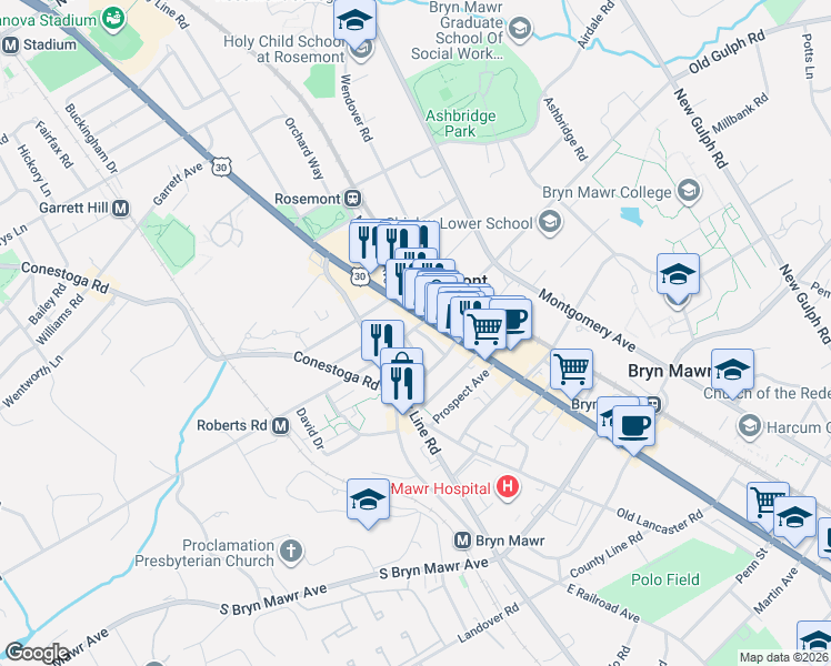 map of restaurants, bars, coffee shops, grocery stores, and more near 1112 Lincoln Highway in Bryn Mawr