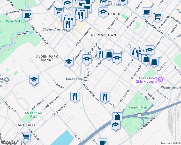 map of restaurants, bars, coffee shops, grocery stores, and more near 5317R Laurens Street in Philadelphia