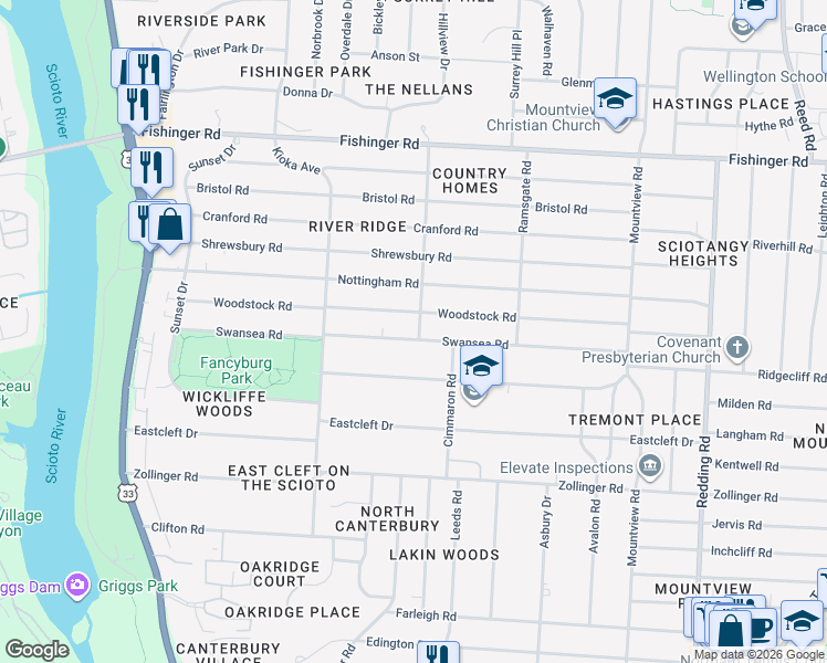 map of restaurants, bars, coffee shops, grocery stores, and more near 2471 Woodstock Road in Columbus